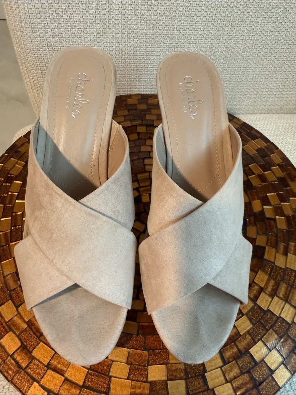 Charles By Charles David Beige/Nude Suede Crisscross Slide Mules
